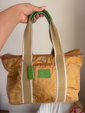 Coach Yellow Canvas Tote with Green Leather Accents